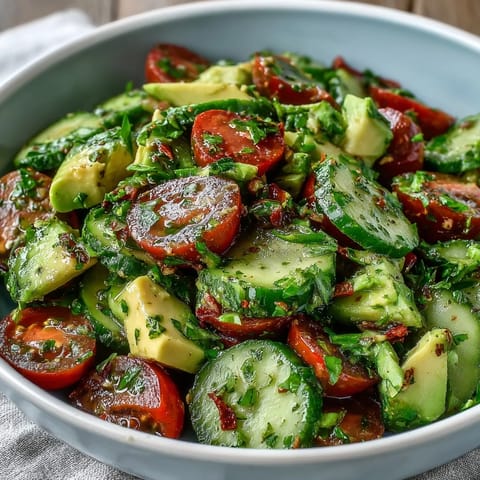 Vibrant cucumber tomato avocado salad with lemon dressing, perfect for a light lunch or colorful side dish.