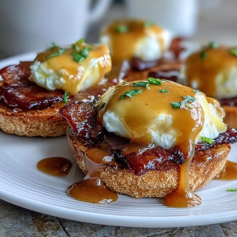 Classic Eggs Benedict with Hollandaise sauce, featuring perfectly poached eggs and Canadian bacon on toasted English muffins, garnished with fresh chives.
