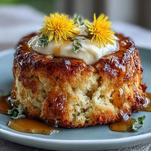 Spring brunch dandelion honey scones with clotted cream, golden and floral, served with a generous dollop of rich cream.