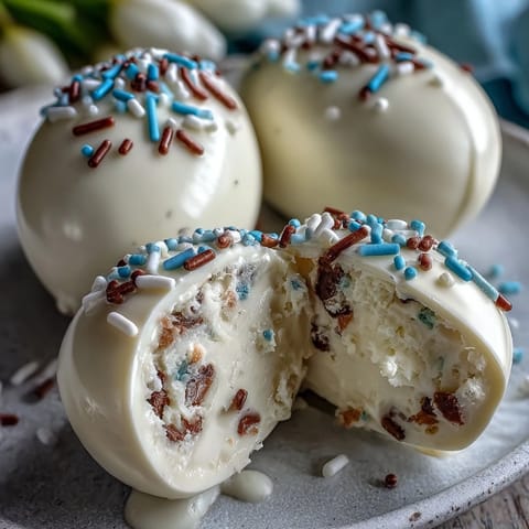 Creamy peanut butter eggs dipped in white chocolate and decorated with colorful sprinkles make a festive Easter treat.