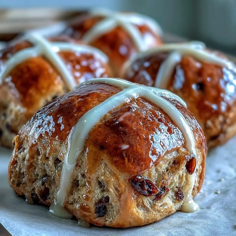 Golden, fluffy hot cross buns with orange glaze, bursting with currants and aromatic spices, ideal for festive springtime gatherings.  