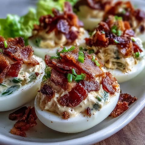 BLT Deviled Eggs with Crispy Bacon Crumbles: Creamy deviled eggs topped with crunchy bacon, fresh lettuce, and juicy tomatoes for a flavorful appetizer.