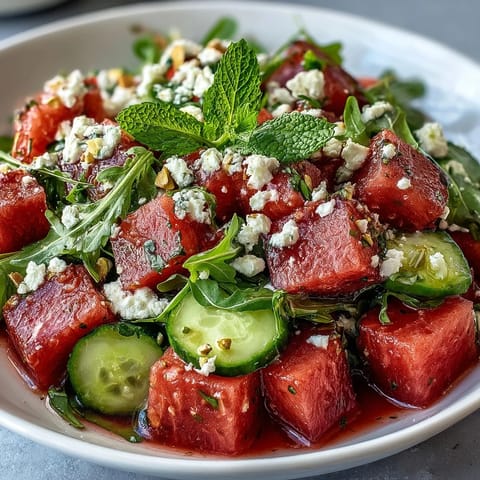 Vibrant Watermelon and Arugula Salad with creamy feta, mint, and lime dressing for a refreshing summer meal.