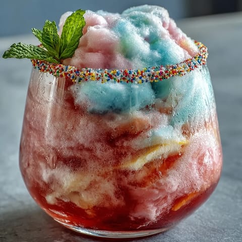 Whimsical cotton candy lemonade float with a scoop of vanilla ice cream, perfect for summer parties.