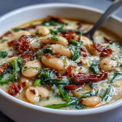 A cozy, warming bowl of Creamy Tuscan White Bean Soup and crusty bread.