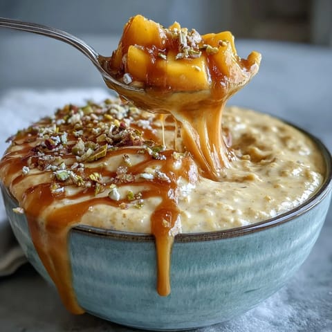 Tropical Mango Lassi Overnight Oats, vibrant with mango purée and cardamom spice.