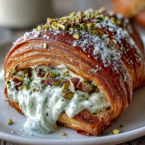 Flaky pistachio cream croissant, baked golden with a sweet almond filling.