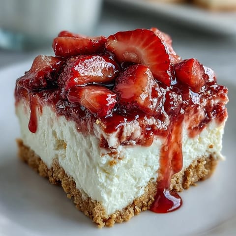 Creamy strawberry cheesecake bars on graham cracker crust, perfect for dessert.