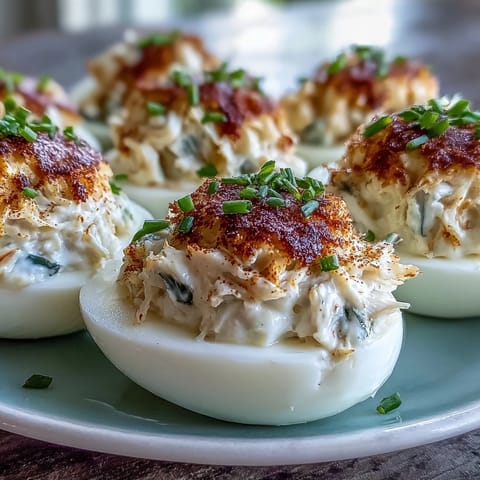 Crab Cake Deviled Eggs with Old Bay seasoning, featuring creamy filling and zesty spice.