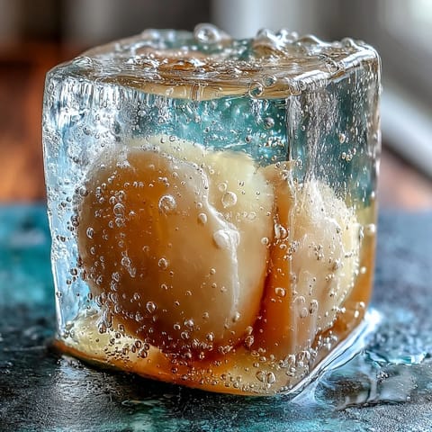 Translucent lychee agar jelly cubes swim in vibrant sparkling yuzu water.