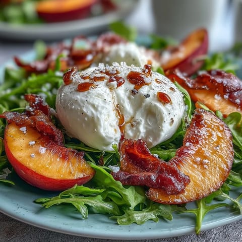 Creamy burrata and sweet peaches headline this fresh summer salad with prosciutto.