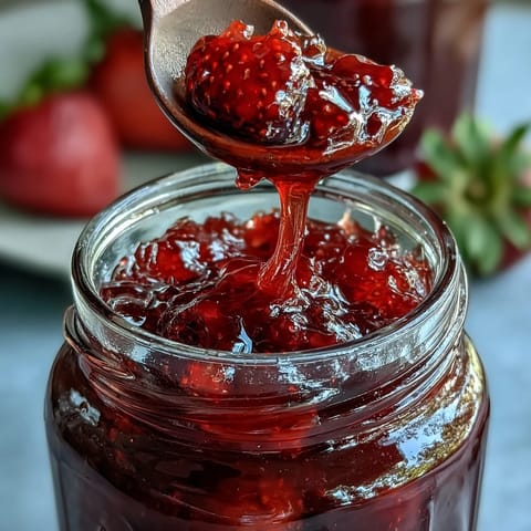 Vibrant Cottagecore Strawberry Jam glistening in a rustic jar, ready for toast.