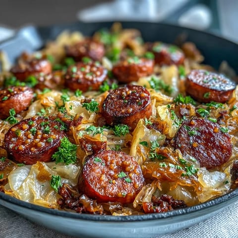 Hearty cabbage and sausage skillet looking golden brown in a rustic cast iron pan.