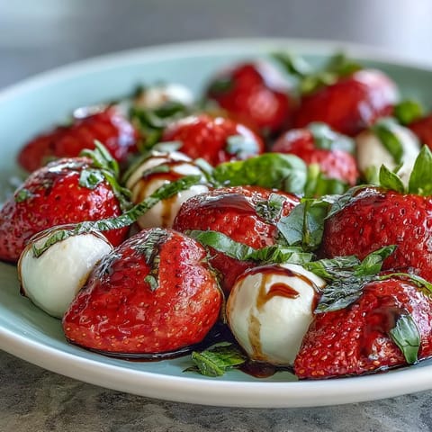 Fresh Strawberry Caprese Salad bursting with juicy strawberries and creamy mozzarella.