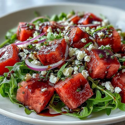 Vibrant Watermelon Feta Arugula Salad with balsamic glaze, perfect summer refreshment.