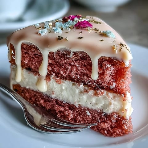 Elegant Rosé Velvet Cake with a shimmering gold drip – a perfect celebration dessert.