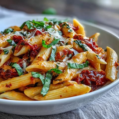 Creamy tomato basil pasta, garnished with fresh basil and Parmesan cheese.