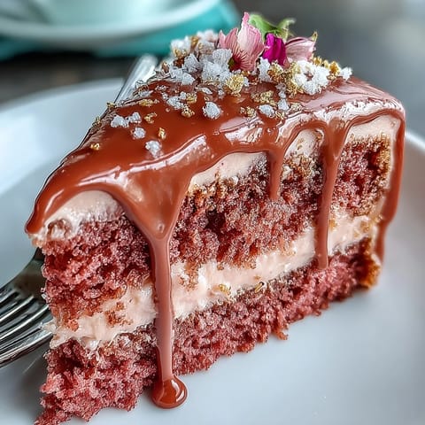 Bridal Shower Rosé Velvet Cake displaying a decadent gold drip over pink frosting.
