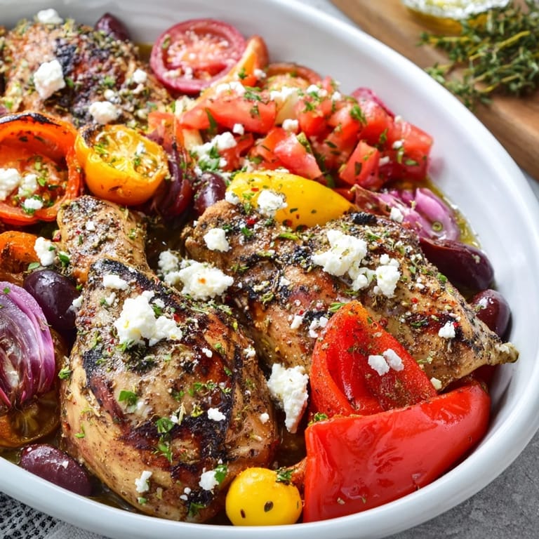 A hot sheet pan with Easy Sheet Pan Greek Chicken, feta cheese and parsley ready to enjoy this healthy meal.
