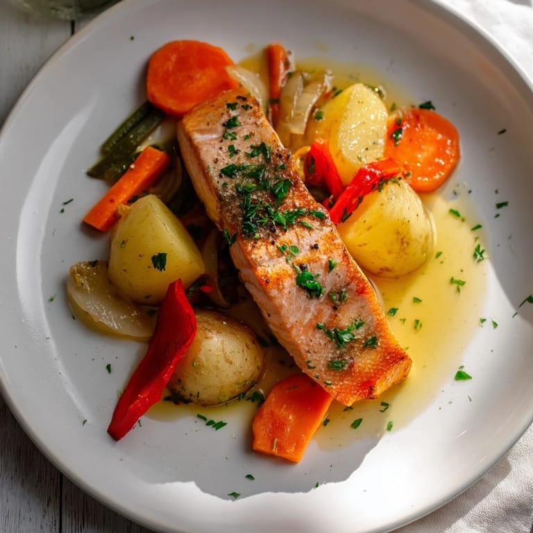 Flaky salmon from the oven, glistening under honey mustard, cooked with included vegetables from the One-Tray Baked Salmon recipe.