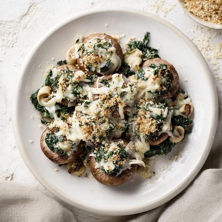 Baked Creamy Spinach and Artichoke Stuffed Mushrooms, bubbling with cheese and spinach, ready for a savory bite.