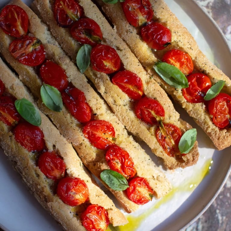 Golden-crusted Simple Homemade Tomato and Basil Flatbread with sliced tomatoes, basil leaves, and olive oil.
