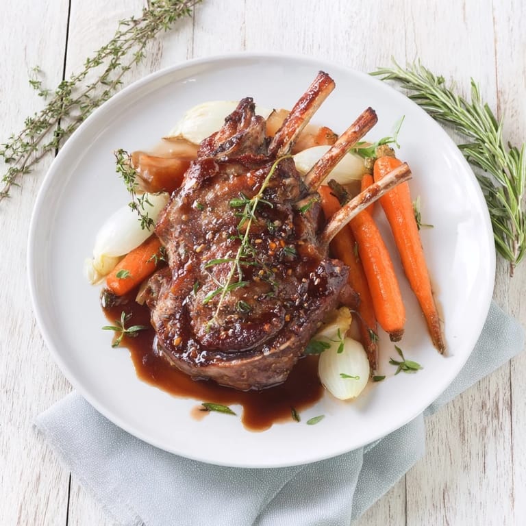 Gorgeous close-up of Slow-Roasted Lamb Shanks with Rosemary, perfectly browned and surrounded by vegetables.