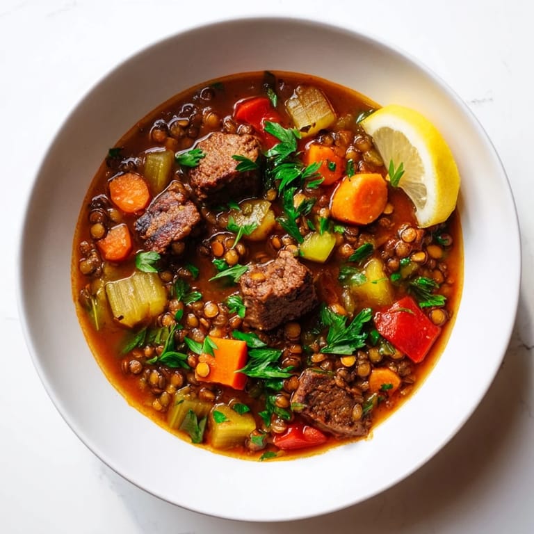 Close-up of hearty One-Pot Spicy Beef and Lentil Soup, a comforting and flavorful dinner.