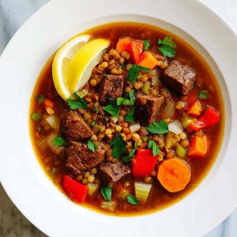 Garnished One-Pot Spicy Beef and Lentil Soup, served with crusty bread, perfect for dipping.