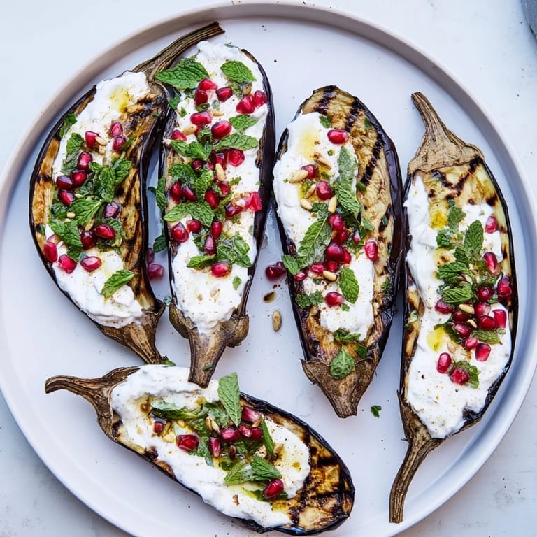 Vibrant image of Roasted Eggplant with pomegranate, fresh herbs, and a dollop of creamy yogurt.