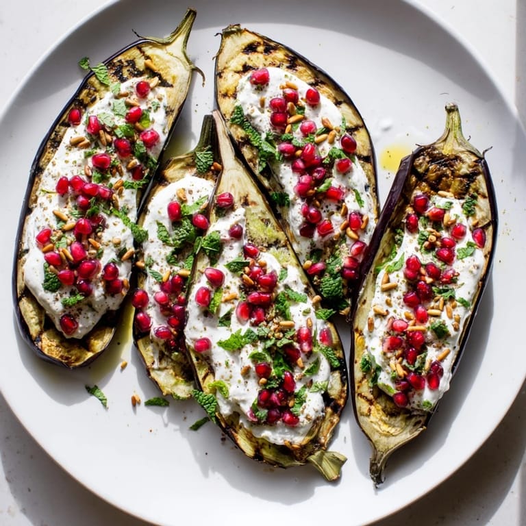 Delicious Roasted Eggplant with a flavorful yogurt sauce, beautiful colors, and a fresh herb garnish.