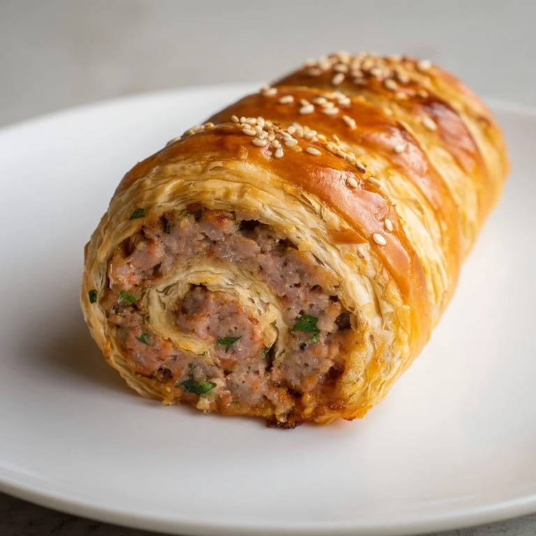 Freshly baked Homemade Savory Sausage Rolls, showing the flaky pastry and savory filling, ready to serve.