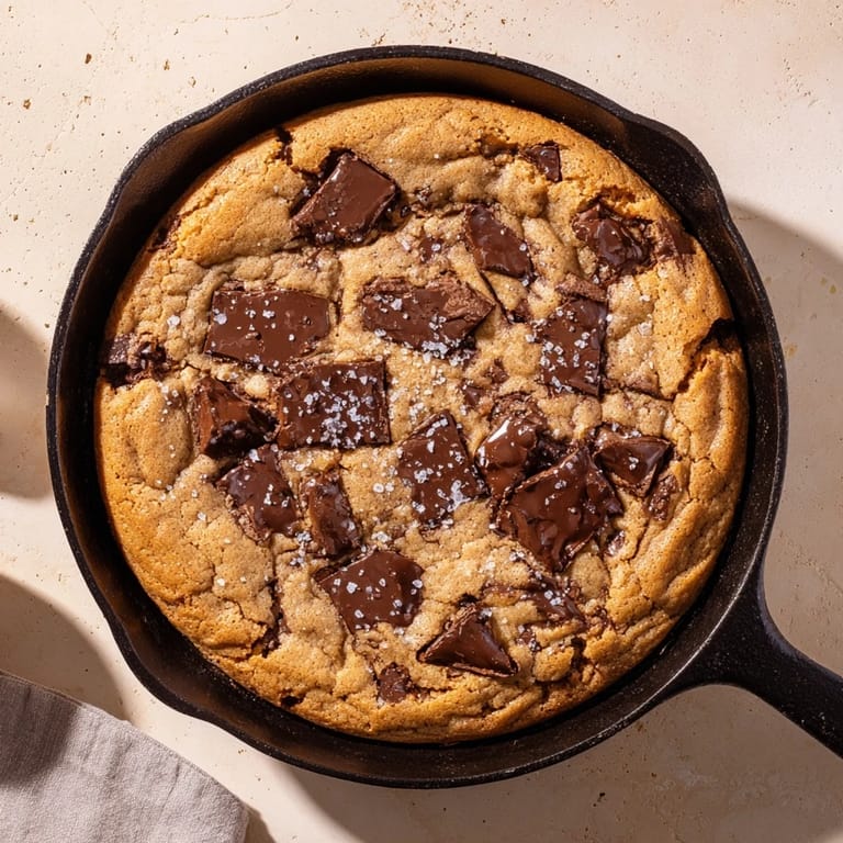 Skillet reveals a warm Warm Chocolate Chunk Skillet Cookie, finished with flaky salt, ready for ice cream.