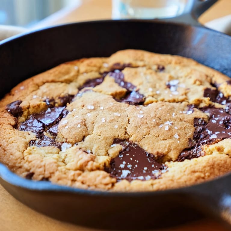 Freshly baked Warm Chocolate Chunk Skillet Cookie, gooey with rich chocolate and a perfect dessert.