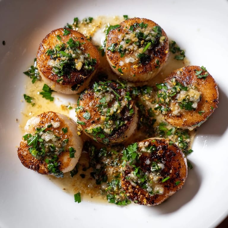 Beautifully seared Pan-Seared Scallops, ready to eat, served on a white plate with lemon.