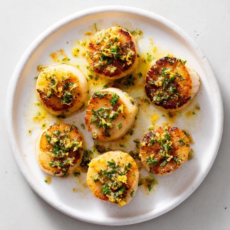 Close-up of perfectly cooked Pan-Seared Scallops, showcasing a tender, flavorful seafood dinner.