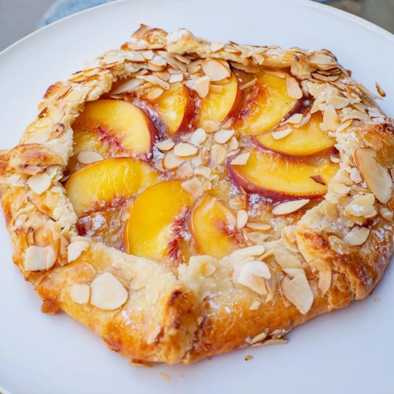 Warm, bubbling Rustic Peach and Almond Tart features a flaky crust and sweet, tender peach slices.