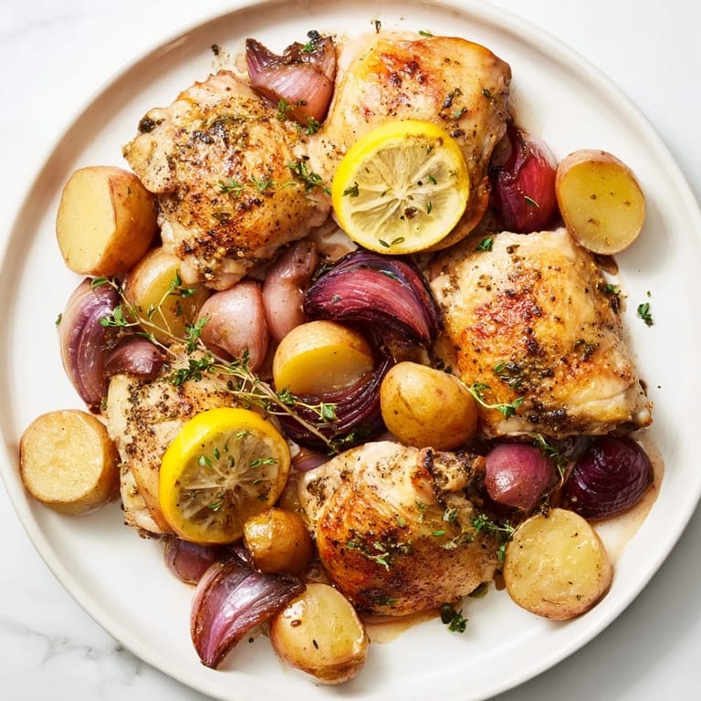 Crispy-skinned One-Dish Baked Chicken Thighs with Lemon and Thyme, a complete, savory Mediterranean meal.
