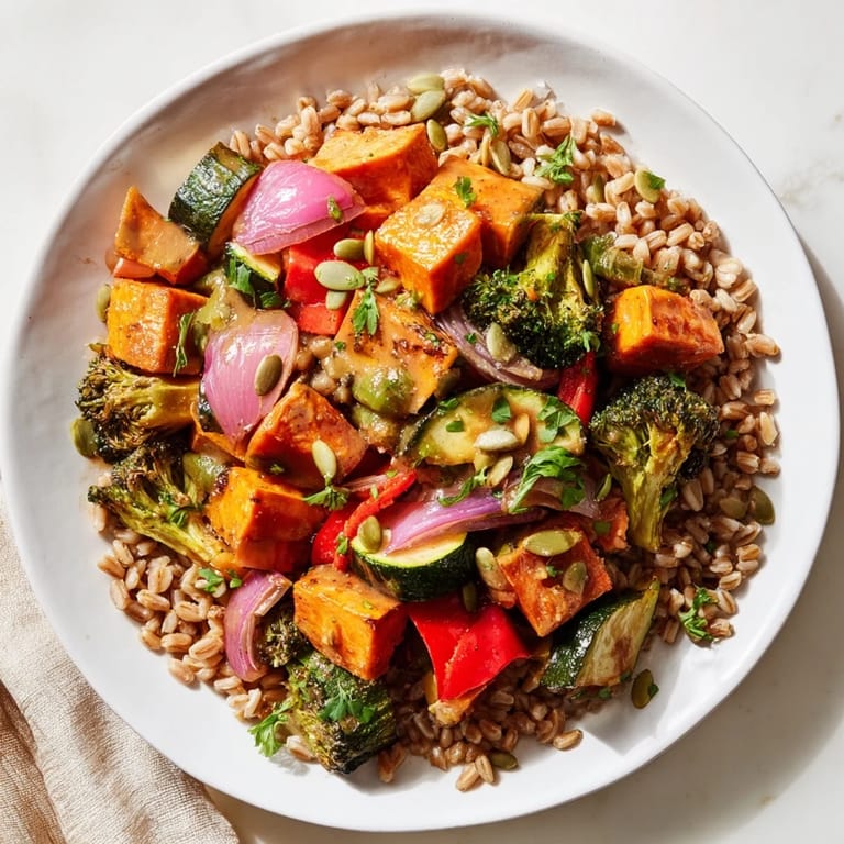 A close-up of a Hearty Roasted Vegetable and Farro Grain Bowl, drizzled with lemon-tahini dressing.