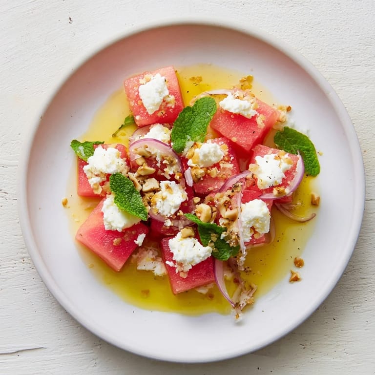 A close-up of Fresh Watermelon and Feta Salad, showcasing the crumbled feta and fresh mint leaves.