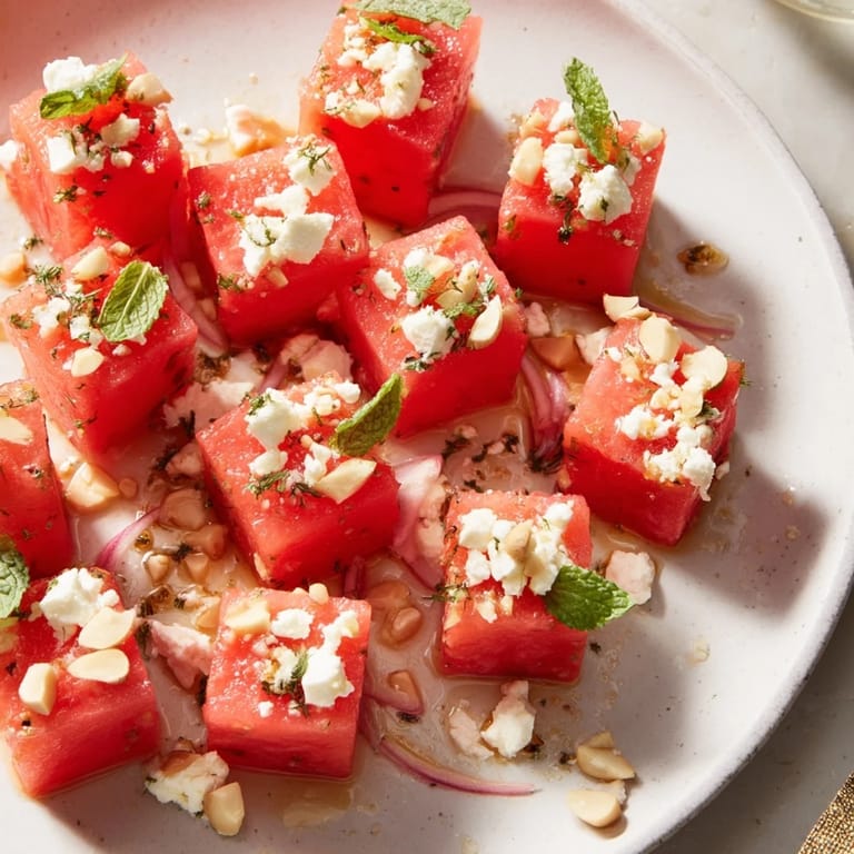Refreshing Summer Fresh Watermelon and Feta Salad with feta, mint, and a flavorful balsamic glaze.