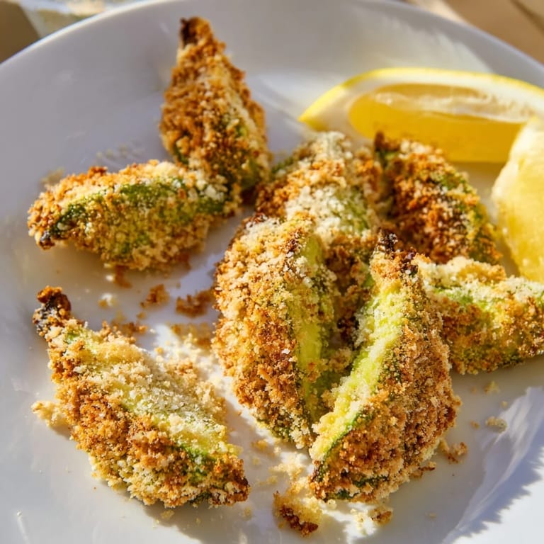 Appetizing close-up shot of hot, crunchy Crispy Baked Avocado Fries ready to serve as a snack.