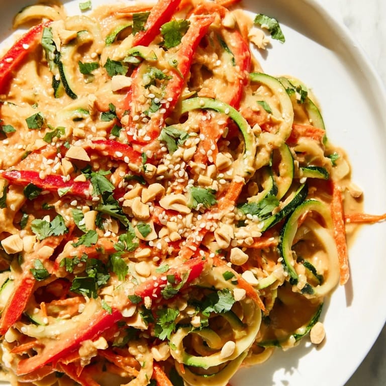 Cool bowl of Zesty Peanut Zucchini Noodles, a rainbow of crisp vegetables coated in savory peanut dressing.