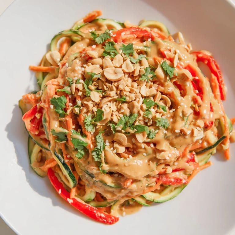 Bright, healthy Zesty Peanut Zucchini Noodles salad with fresh cilantro and crunchy roasted peanuts.
