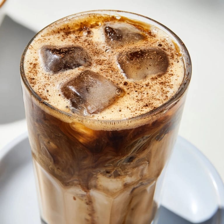 The refreshing Iced Brown Sugar Oat Latte, a vegan delight, is served in a tall glass with ice.