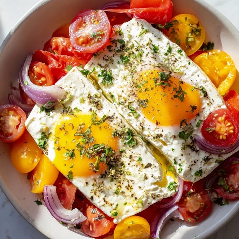 The Mediterranean Baked Feta & Eggs dish features baked feta, set eggs, and colorful vegetables, ready to eat.
