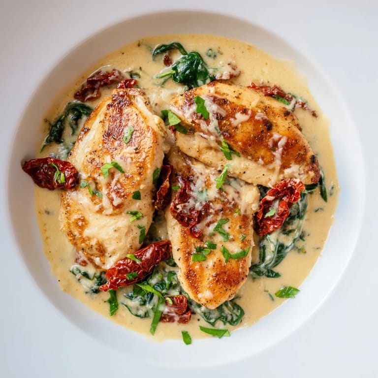 A close-up of a pan of Creamy Tuscan Chicken, garnished with fresh parsley and Parmesan cheese.