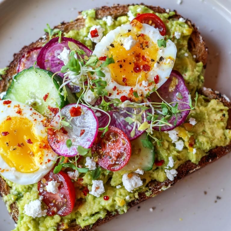 Freshly made Loaded Avocado Toast, featuring vibrant veggies, a jammy egg, and crumbled feta, so delicious!