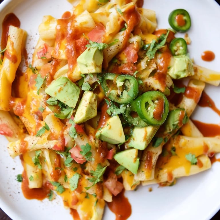 Mouthwatering image of pasta chips nachos, offering a delightful crunch and melty, cheesy goodness overall.