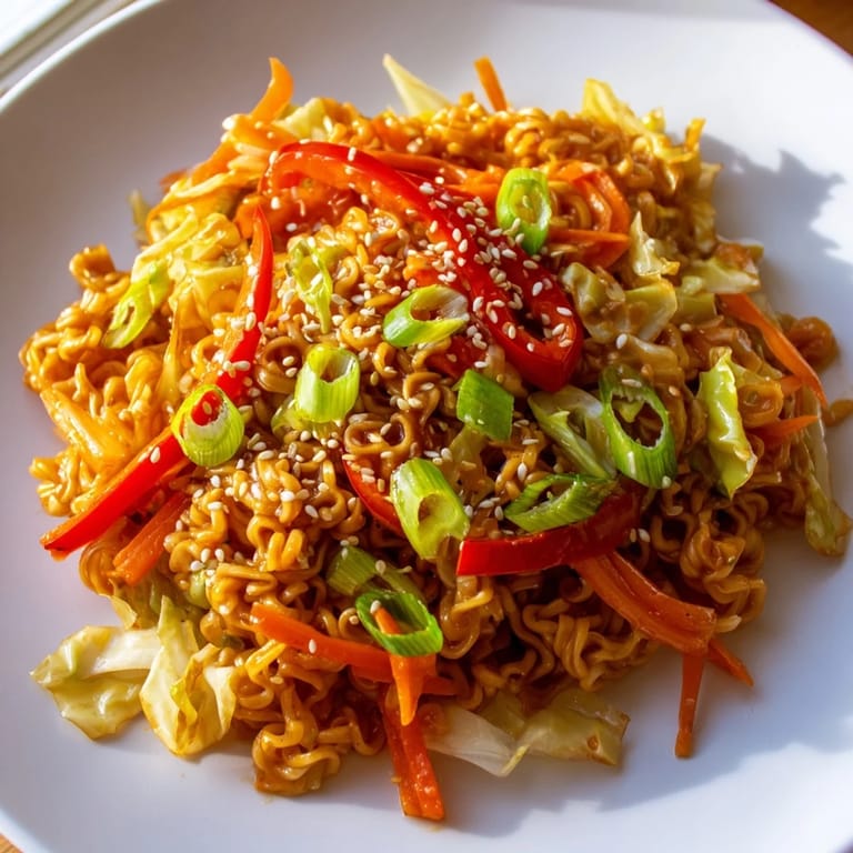The finished spicy ramen stir fry, garnished with green onions and sesame seeds, ready to savor.